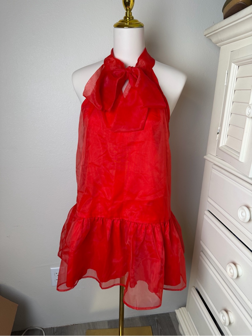 TCEC Red Halter Tie-Neck Ruffle Hem Cocktail Dress